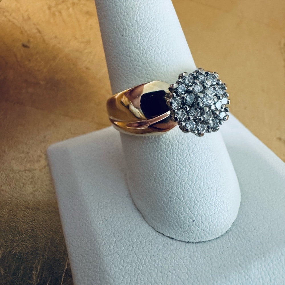 14K Yellow Gold Vintage Diamond Cluster Ring Bold Dome Style Raised Sculpted